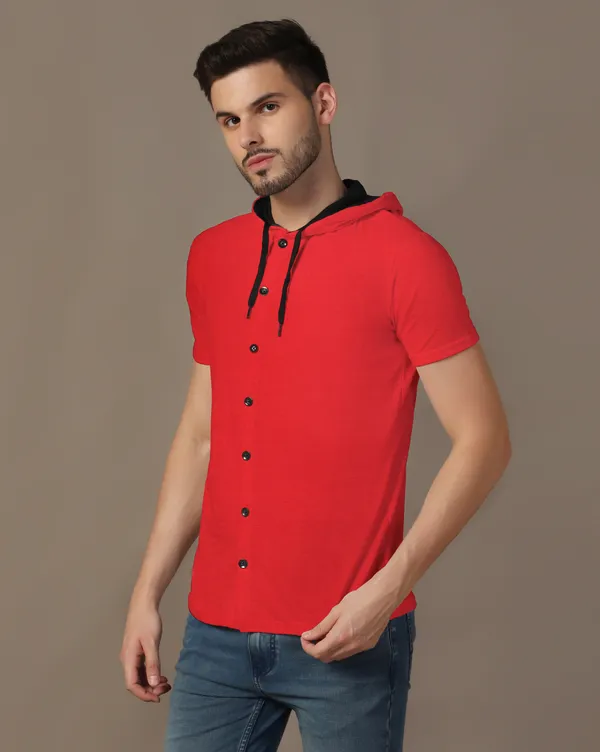 Red_Cotton_Blend_Hooded_Neck_Half_Sleeve_T_Shirt_For_Men