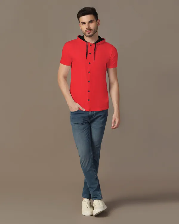 Red_Cotton_Blend_Hooded_Neck_Half_Sleeve_T_Shirt_For_Men