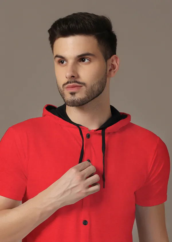 Red_Cotton_Blend_Hooded_Neck_Half_Sleeve_T_Shirt_For_Men