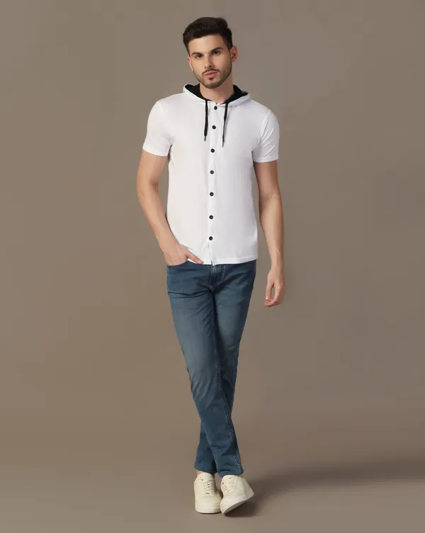White_Cotton_Blend_Hooded_Neck_Half_Sleeve_T_Shirt_For_Men