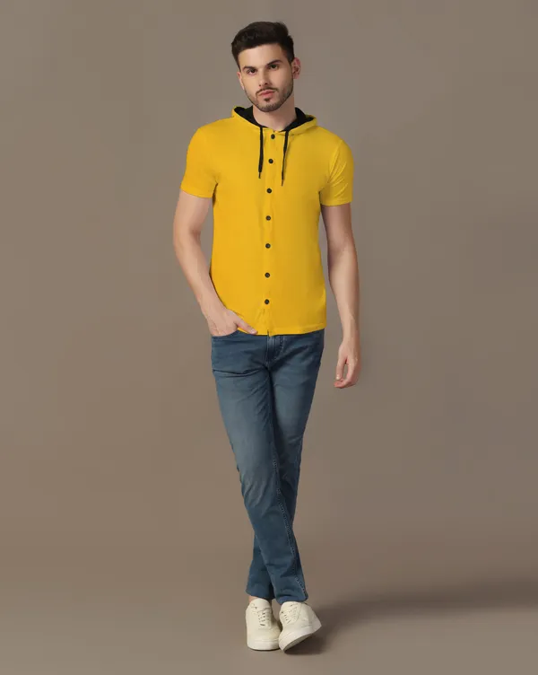 Yellow_Cotton_Blend_Hooded_Neck_Half_Sleeve_T_Shirt_For_Men