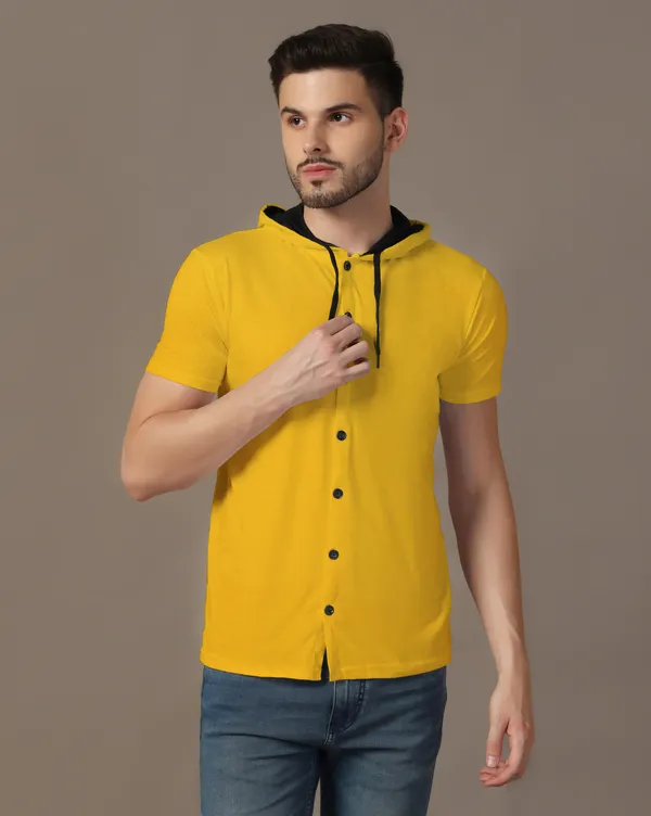Yellow_Cotton_Blend_Hooded_Neck_Half_Sleeve_T_Shirt_For_Men