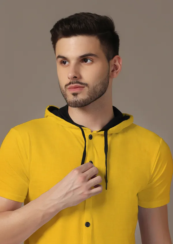 Yellow_Cotton_Blend_Hooded_Neck_Half_Sleeve_T_Shirt_For_Men