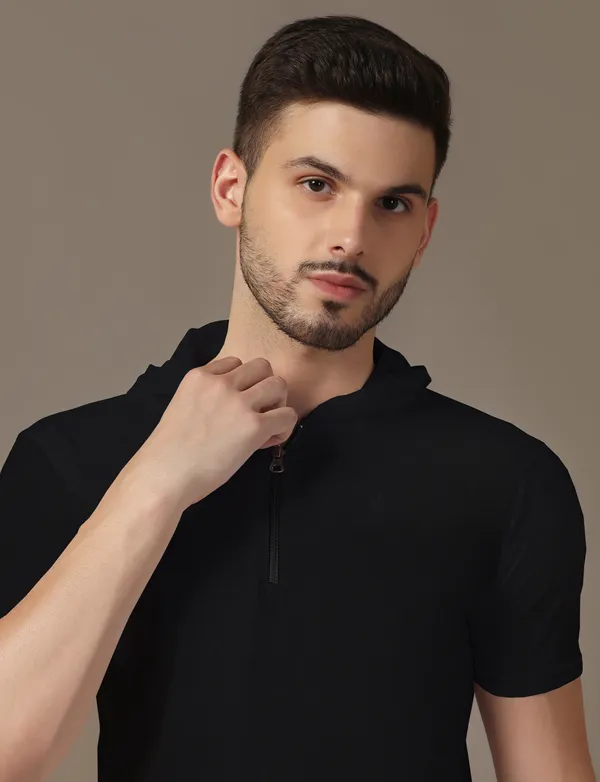 Black_Cotton_Blend_Hooded_Neck_Half_Sleeve_T_Shirt_For_Men