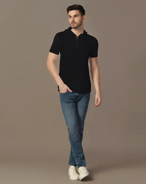 Black_Cotton_Blend_Hooded_Neck_Half_Sleeve_T_Shirt_For_Men