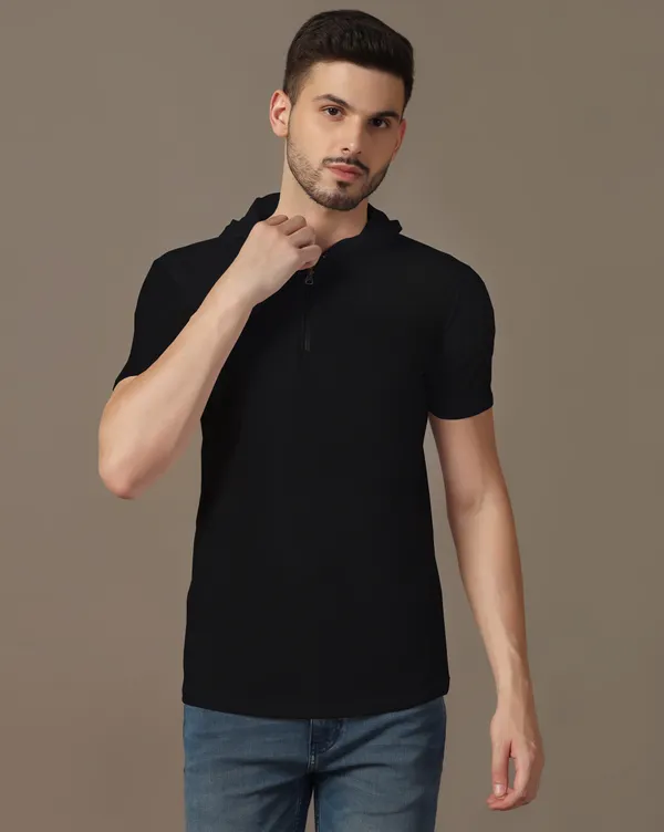 Black_Cotton_Blend_Hooded_Neck_Half_Sleeve_T_Shirt_For_Men