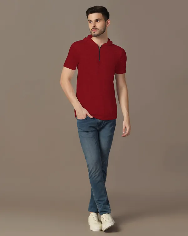 Maroon_Cotton_Blend_Hooded_Neck_Half_Sleeve_T_Shirt_For_Men