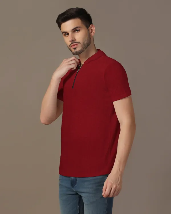 Maroon_Cotton_Blend_Hooded_Neck_Half_Sleeve_T_Shirt_For_Men