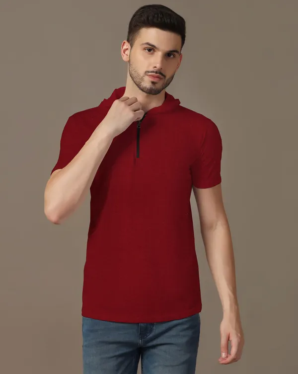 Maroon_Cotton_Blend_Hooded_Neck_Half_Sleeve_T_Shirt_For_Men