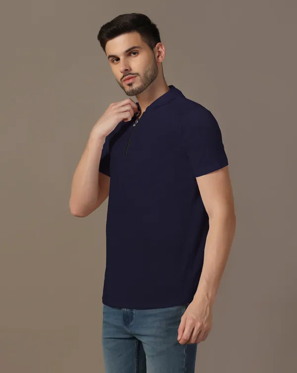 Dark_Blue_Cotton_Blend_Hooded_Neck_Half_Sleeve_T_Shirt_For_Men