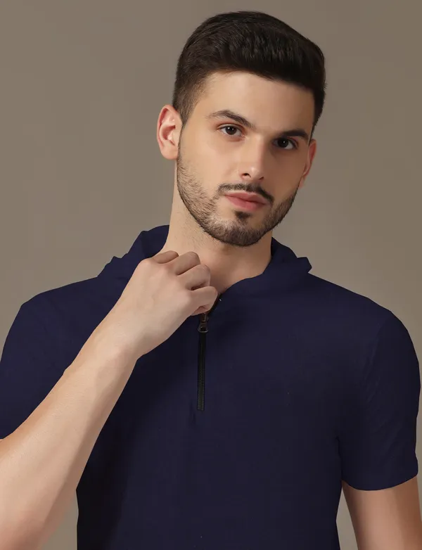 Dark_Blue_Cotton_Blend_Hooded_Neck_Half_Sleeve_T_Shirt_For_Men