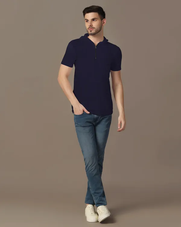 Dark_Blue_Cotton_Blend_Hooded_Neck_Half_Sleeve_T_Shirt_For_Men