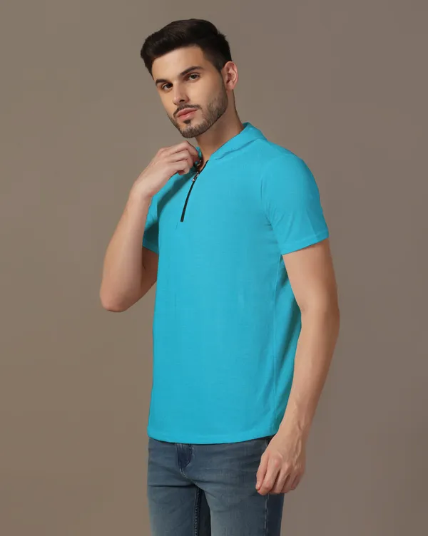 Turquoise_Cotton_Blend_Hooded_Neck_Half_Sleeve_T_Shirt_For_Men