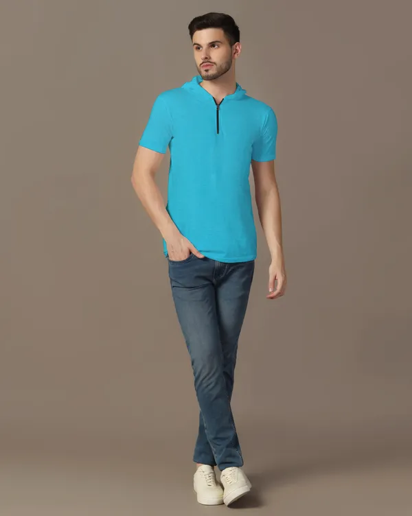 Turquoise_Cotton_Blend_Hooded_Neck_Half_Sleeve_T_Shirt_For_Men