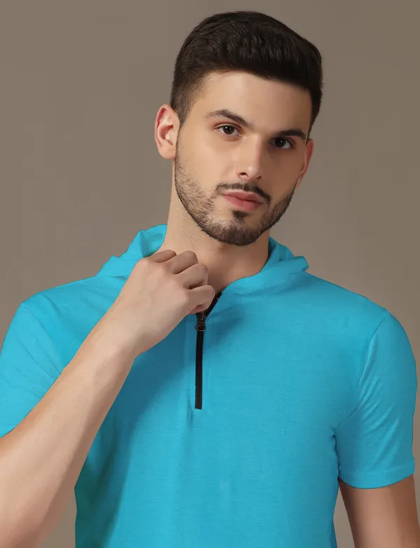 Turquoise_Cotton_Blend_Hooded_Neck_Half_Sleeve_T_Shirt_For_Men