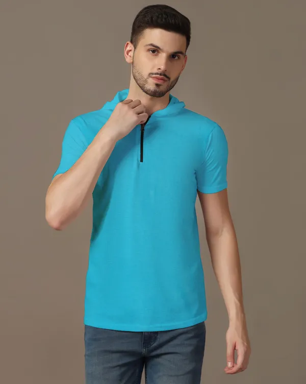 Turquoise_Cotton_Blend_Hooded_Neck_Half_Sleeve_T_Shirt_For_Men