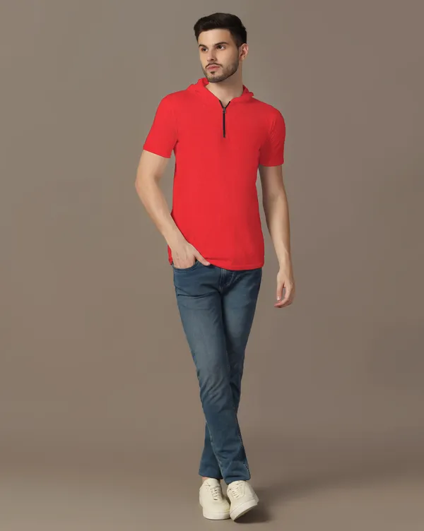 Red_Cotton_Blend_Hooded_Neck_Half_Sleeve_T_Shirt_For_Men