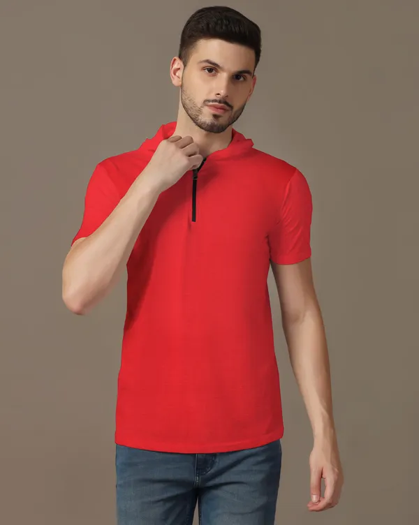 Red_Cotton_Blend_Hooded_Neck_Half_Sleeve_T_Shirt_For_Men