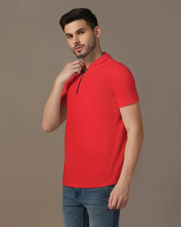 Red_Cotton_Blend_Hooded_Neck_Half_Sleeve_T_Shirt_For_Men