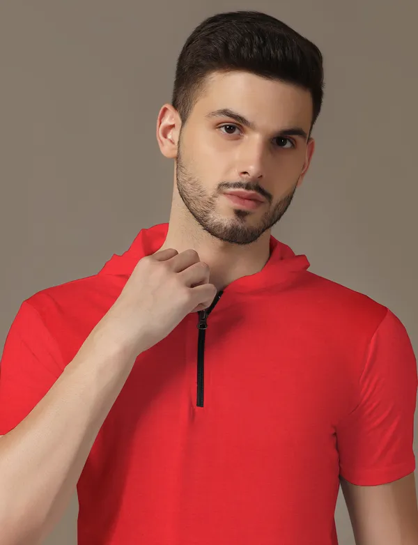 Red_Cotton_Blend_Hooded_Neck_Half_Sleeve_T_Shirt_For_Men