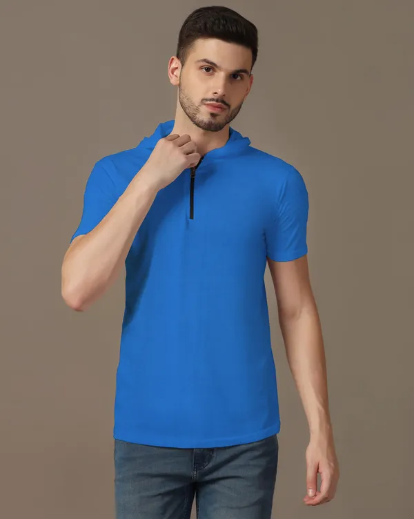 Blue_Cotton_Blend_Hooded_Neck_Half_Sleeve_T_Shirt_For_Men