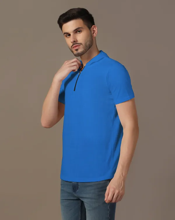 Blue_Cotton_Blend_Hooded_Neck_Half_Sleeve_T_Shirt_For_Men