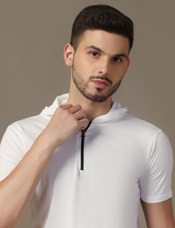 White_Cotton_Blend_Hooded_Neck_Half_Sleeve_T_Shirt_For_Men
