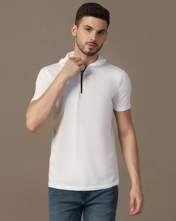 White_Cotton_Blend_Hooded_Neck_Half_Sleeve_T_Shirt_For_Men