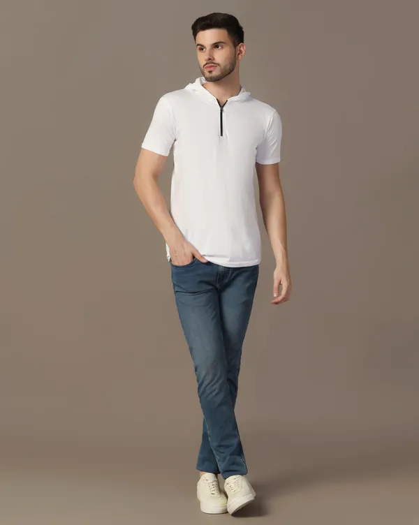 White_Cotton_Blend_Hooded_Neck_Half_Sleeve_T_Shirt_For_Men