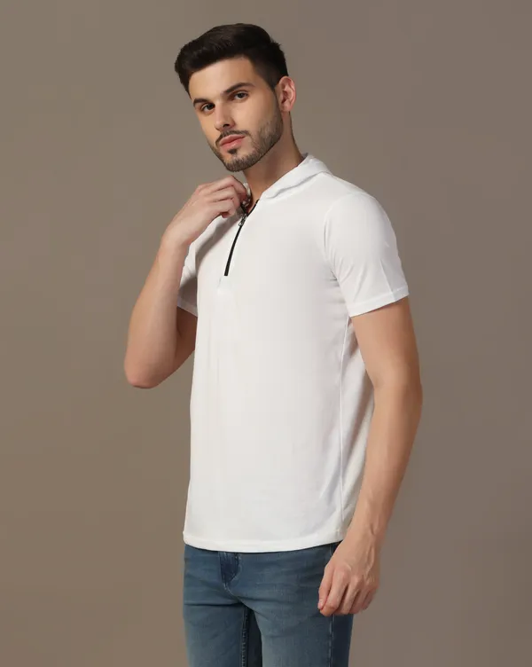 White_Cotton_Blend_Hooded_Neck_Half_Sleeve_T_Shirt_For_Men