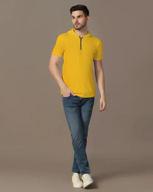 Yellow_Cotton_Blend_Hooded_Neck_Half_Sleeve_T_Shirt_For_Men