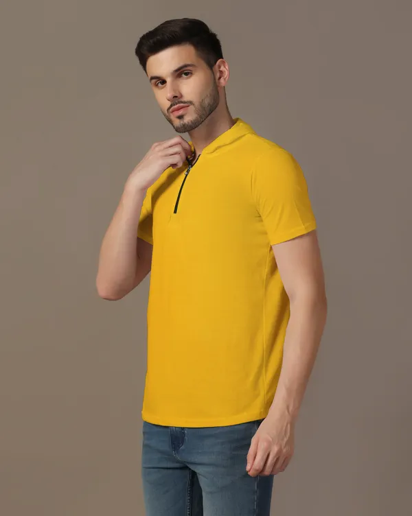 Yellow_Cotton_Blend_Hooded_Neck_Half_Sleeve_T_Shirt_For_Men