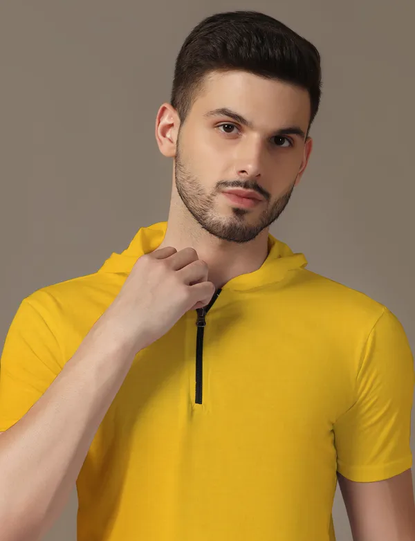 Yellow_Cotton_Blend_Hooded_Neck_Half_Sleeve_T_Shirt_For_Men