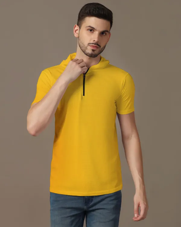 Yellow_Cotton_Blend_Hooded_Neck_Half_Sleeve_T_Shirt_For_Men