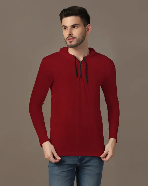 Maroon_Cotton_Blend_Hooded_Neck_Full_Sleeve_T_Shirt_For_Men