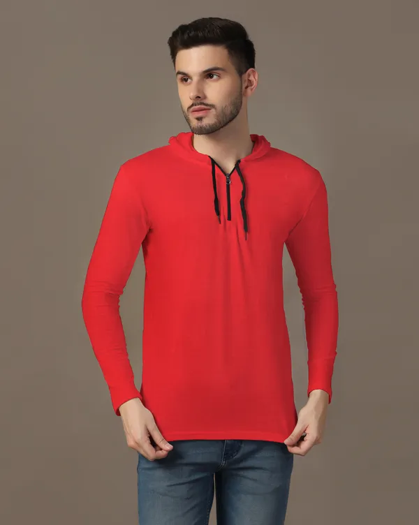 Red_Cotton_Blend_Hooded_Neck_Full_Sleeve_T_Shirt_For_Men