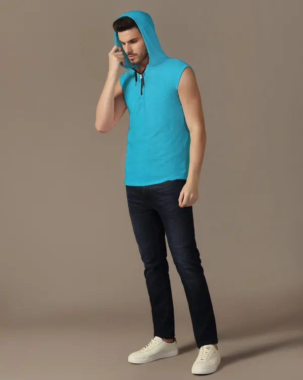 Turquoise_Cotton_Blend_Hooded_Neck_Sleeveless_T_Shirt_For_Men