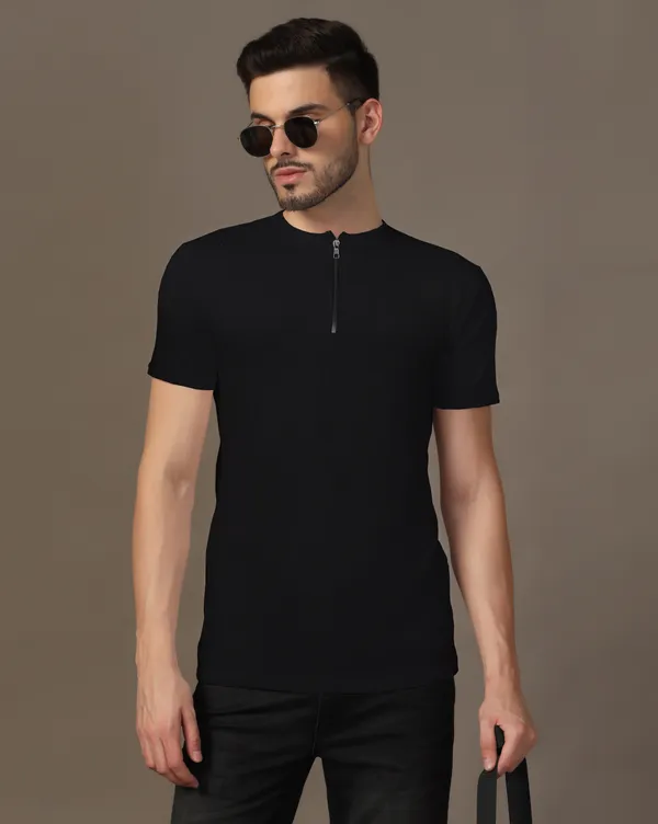 Black_Cotton_Blend_Henley_Neck_Half_Sleeve_T_Shirt_For_Men