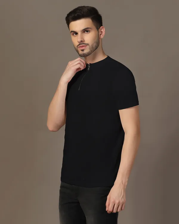 Black_Cotton_Blend_Henley_Neck_Half_Sleeve_T_Shirt_For_Men