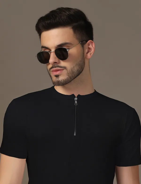 Black_Cotton_Blend_Henley_Neck_Half_Sleeve_T_Shirt_For_Men