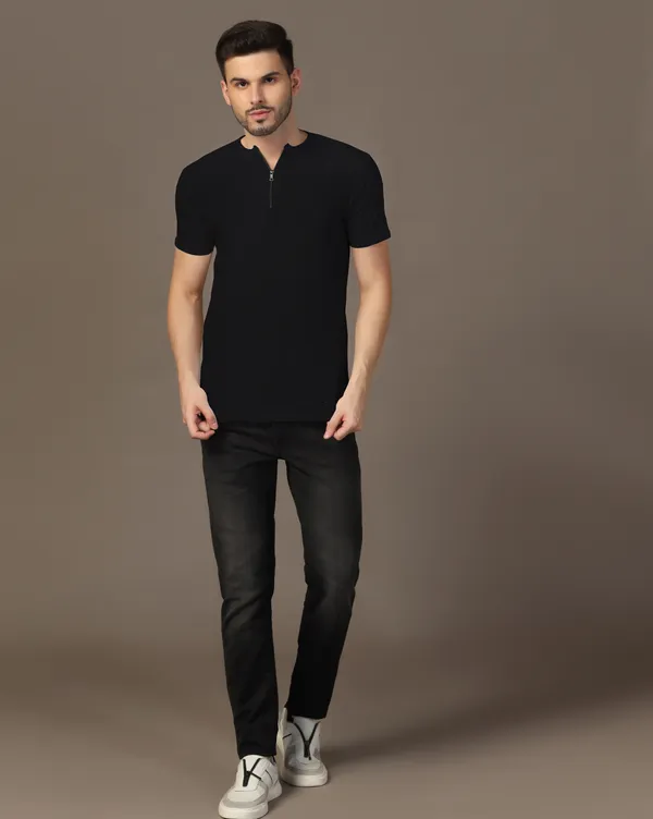 Black_Cotton_Blend_Henley_Neck_Half_Sleeve_T_Shirt_For_Men