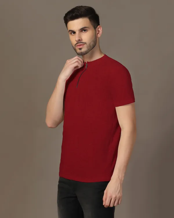 Maroon_Cotton_Blend_Henley_Neck_Half_Sleeve_T_Shirt_For_Men