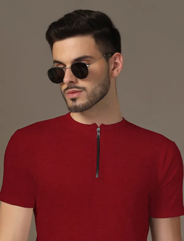 Maroon_Cotton_Blend_Henley_Neck_Half_Sleeve_T_Shirt_For_Men