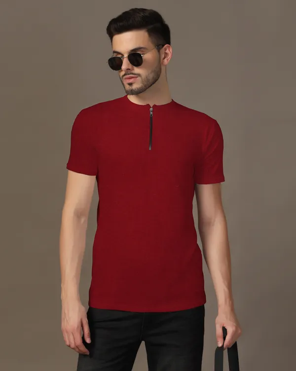 Maroon_Cotton_Blend_Henley_Neck_Half_Sleeve_T_Shirt_For_Men