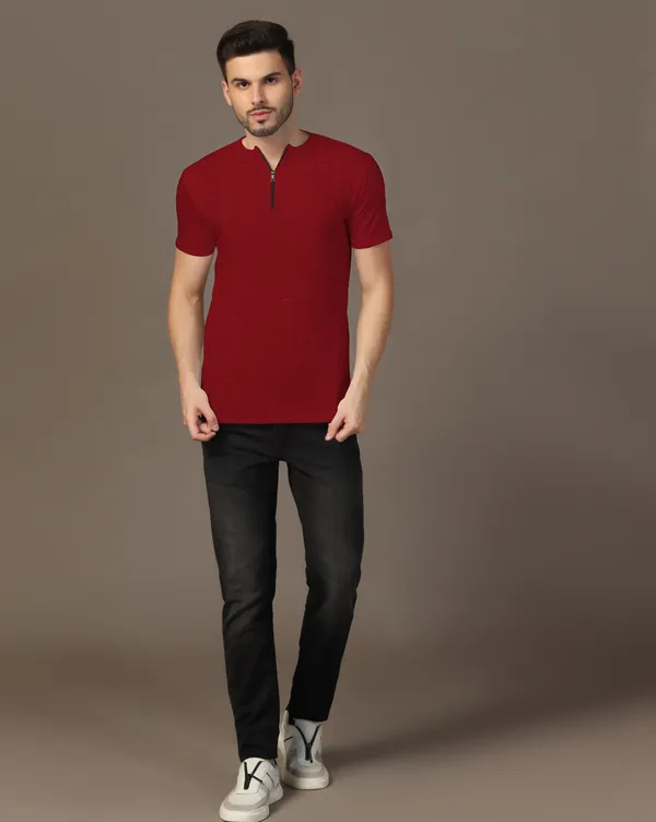 Maroon_Cotton_Blend_Henley_Neck_Half_Sleeve_T_Shirt_For_Men