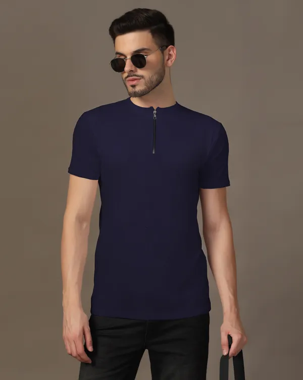 Dark_Blue_Cotton_Blend_Henley_Neck_Half_Sleeve_T_Shirt_For_Men