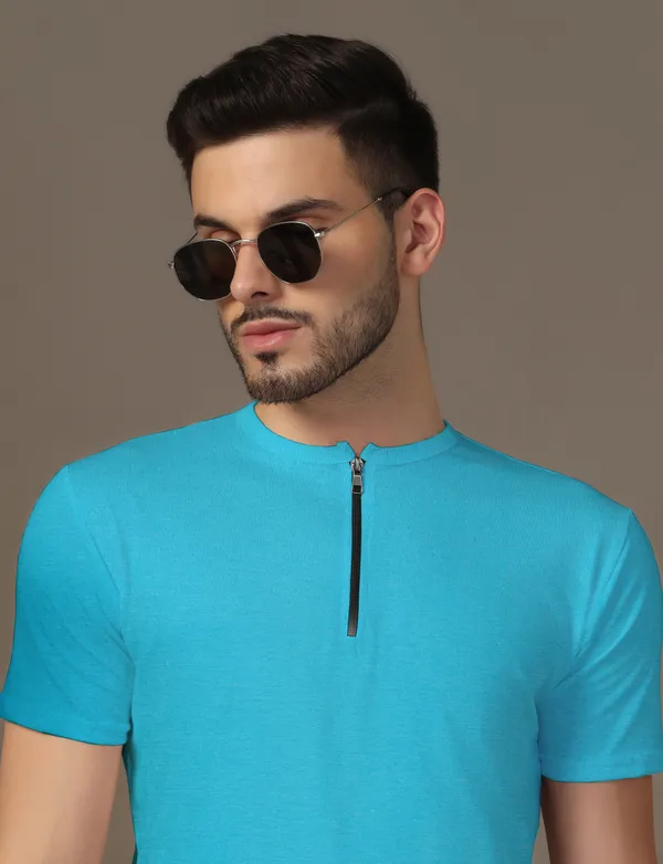 Turquoise_Cotton_Blend_Henley_Neck_Half_Sleeve_T_Shirt_For_Men