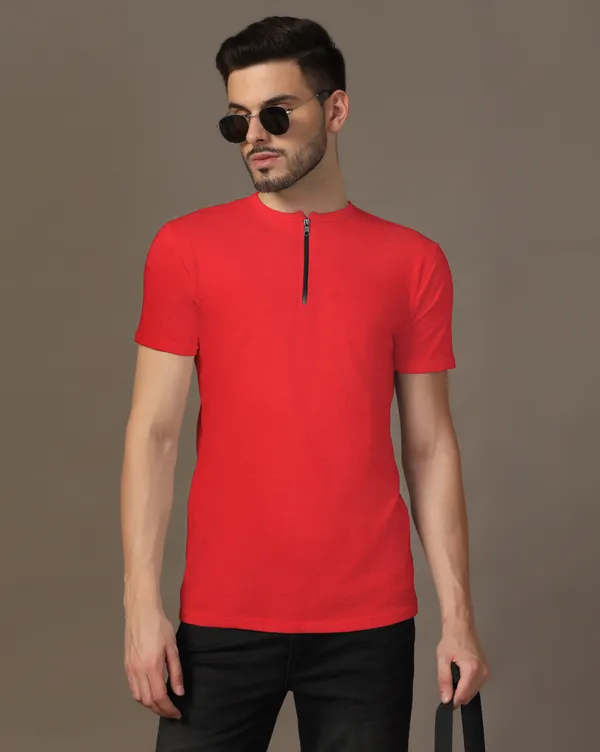 Red_Cotton_Blend_Henley_Neck_Half_Sleeve_T_Shirt_For_Men