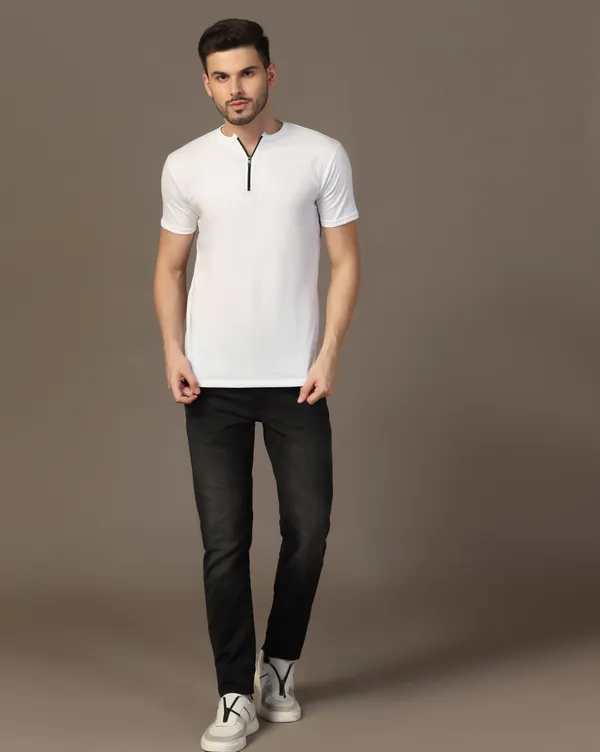White_Cotton_Blend_Henley_Neck_Half_Sleeve_T_Shirt_For_Men