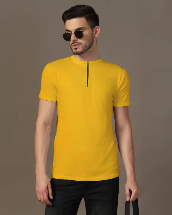 Yellow_Cotton_Blend_Henley_Neck_Half_Sleeve_T_Shirt_For_Men